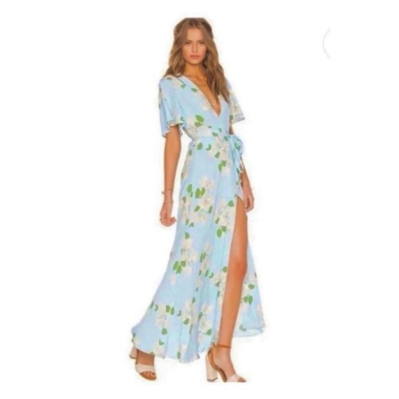 Privacy Please Plaza Kimono Wrap Maxi Dress in Gramont Blue Florall - Picture 2 of 13